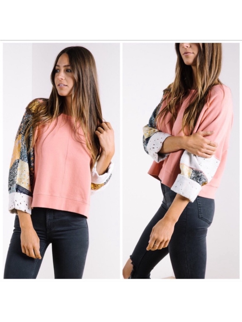 Free People Sun’s Out Patchwork Sleeve Pullover boho Top - Picture 5 of 7